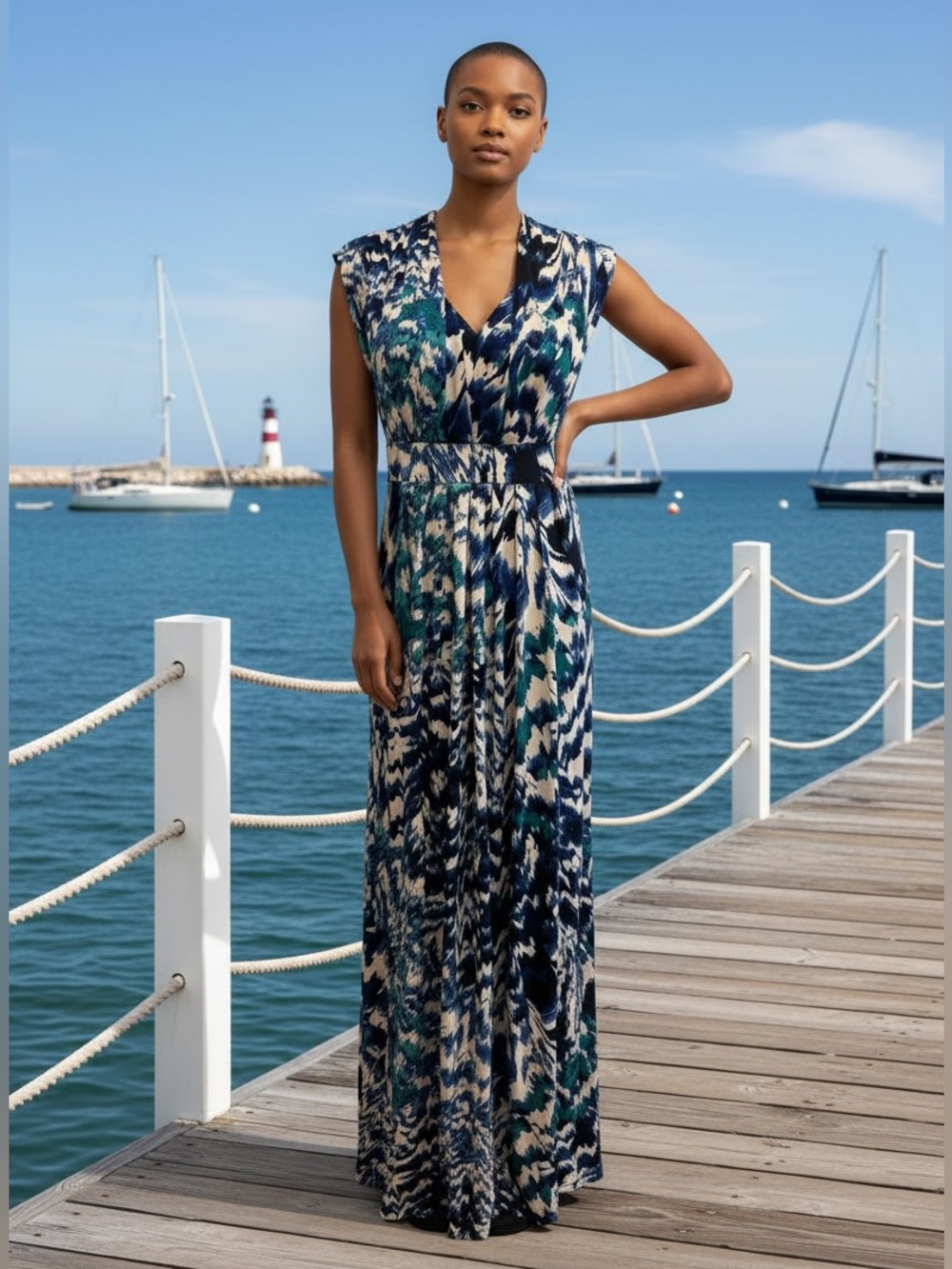 CHICOS MAXI SUNDRESS WITH CONTEMPORARY WHITE, NAVY & TEAL CAP SLEEVE V-NECK SZ L
